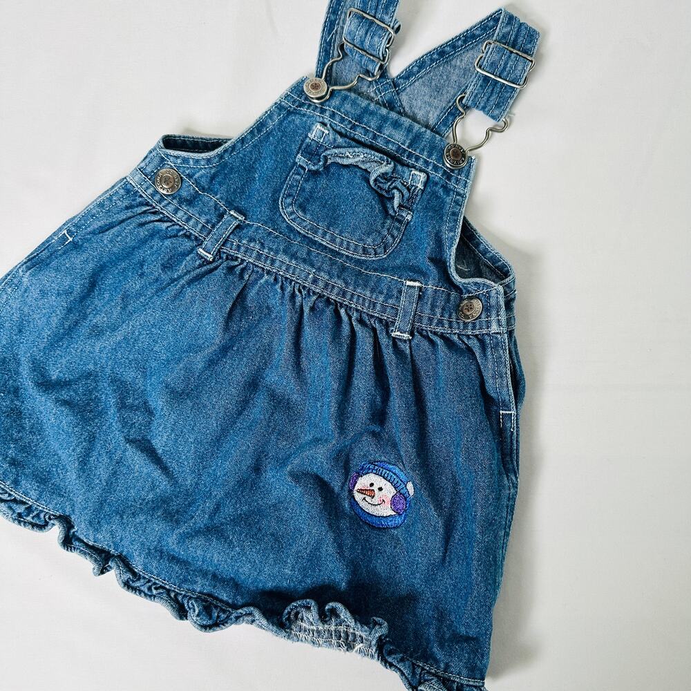 Vintage Arizona Jean Co Snowman Embroidered Denim Overall Dress Sz 6-9 mo